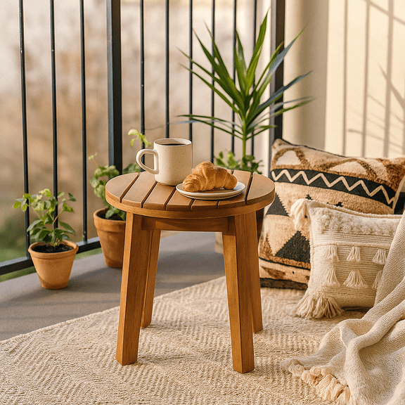 Homy Casa Acacia Wood Outdoor Side Table, Round Small Coffee Table for Patio Tea Corner, Teak