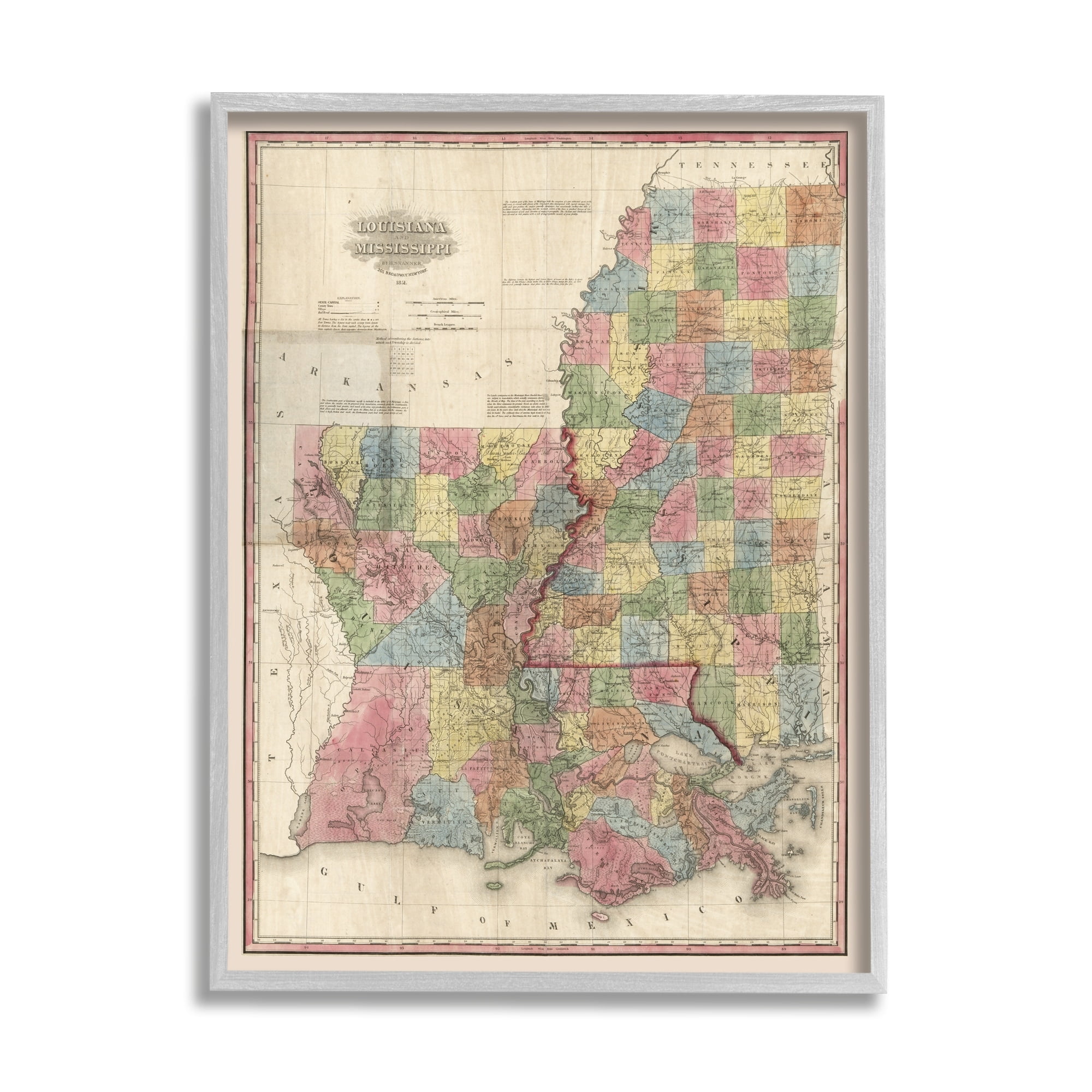 Stupell Industries State Map of Louisiana Mississippi Vintage US Cartography, 16 x 20, Design by Daphne Polselli