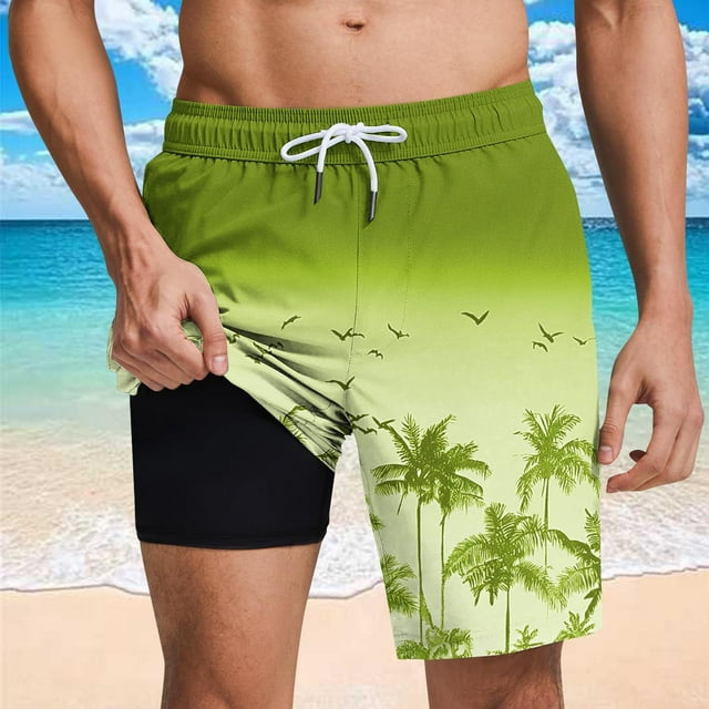 Sentmoon Mens Swim Trunks with Compression Liner Elastic Waist Straight 2025 Summer Gym Shorts Drawstring Palm Tree Print Breathable Pajama Shorts Side Pockets Comfy for Leisure Wear Yellow XL