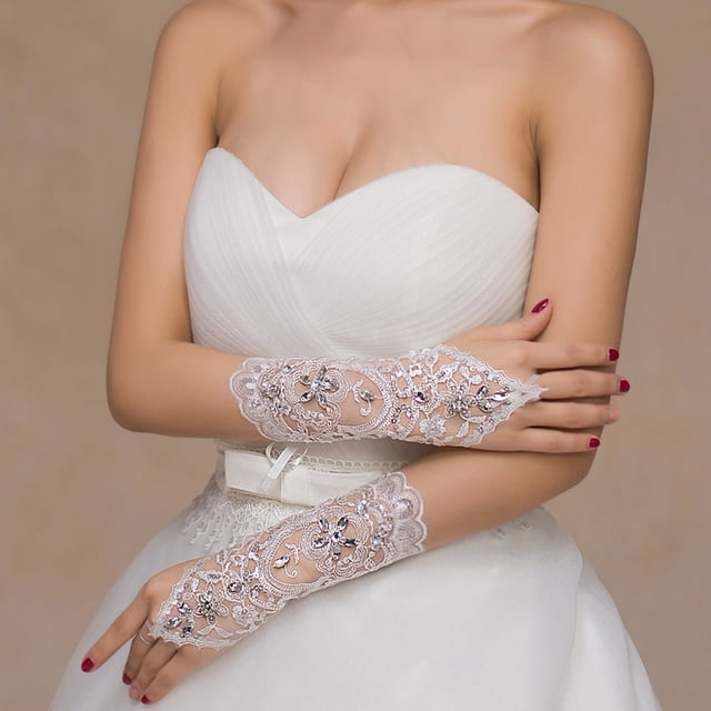 Trayknick Dentelle Strass Fleur Mariée Gants Sans Doigts Robe de Mariée Accessoires Blanc