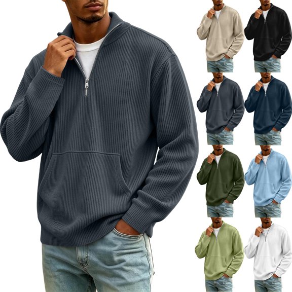 Men's Corduroy Half Zip Sweatshirts Mock Neck Long Sleeve Pocket Loose Fit Casual Everyday Fall Winter Tops