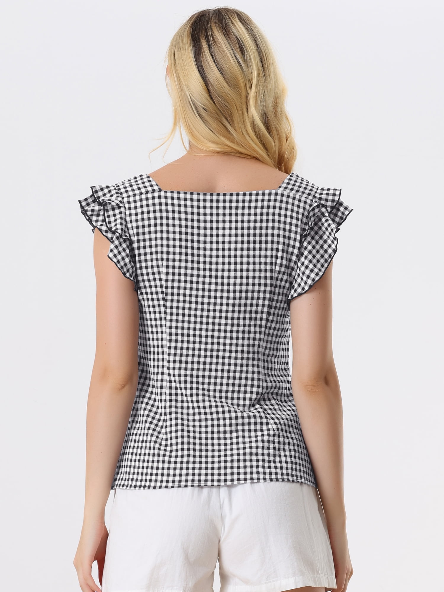 DARING DIVA Square Neck Ruffle Sleeve Blouse S Black
