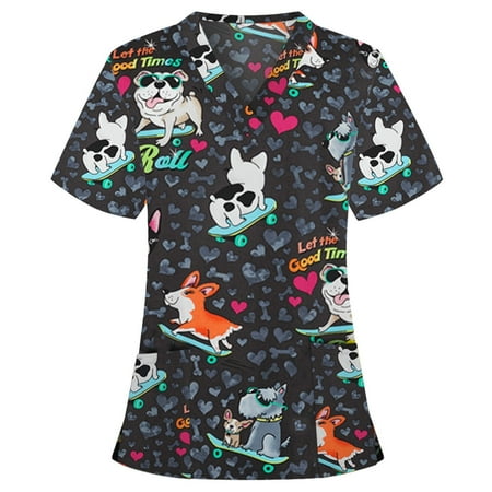 

Cakiesky Scrub Uniforms for Women Comfort V-Neck Printed Valentines Day Shirt Black XL