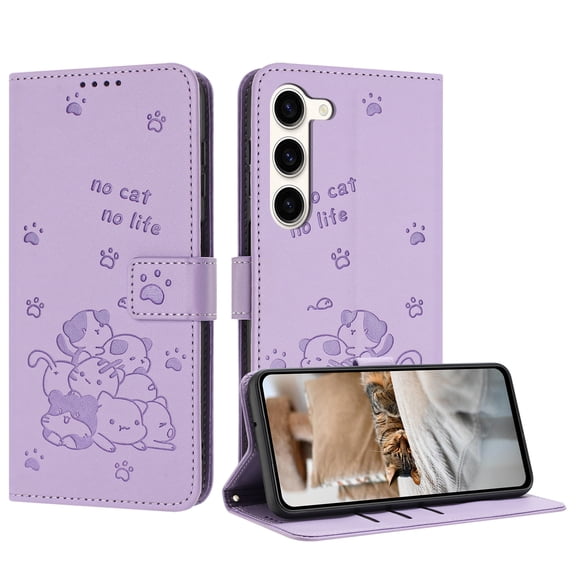 for Samsung Galaxy S23 Plus Phone Case Wallet, Embossed Cute Cat Pattern Purse Case Women Girls Wrist Strap [Card Cash Slots] Stand PU Leather Protection Cover for Samsung Galaxy S23 Plus, Purple