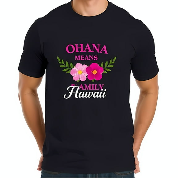 Cotton Short Sleeve T-Shirt for Men - " OHANA MEANS FAMILY " Design with Tropical Flowers - Navy Blue
