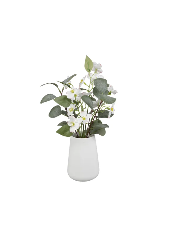 Flora Bunda 15" Artificial Floral and Eucalyptus Arrangement in Matte White Ceramic Vase
