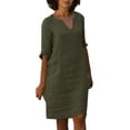 thumbnail image 1 of XDZJLR Women's Dresses And Linen Short Sleeve Holiday Semi V Neck Mini Solid Color Skirt, 1 of 6