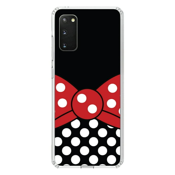 DistinctInk Clear Shockproof Hybrid Case for Galaxy S20 ULTRA / 5G (6.9" Screen) - TPU Bumper, Acrylic Back, Tempered Glass Screen Protector - Black White Polka Dot Red Bow Minnie