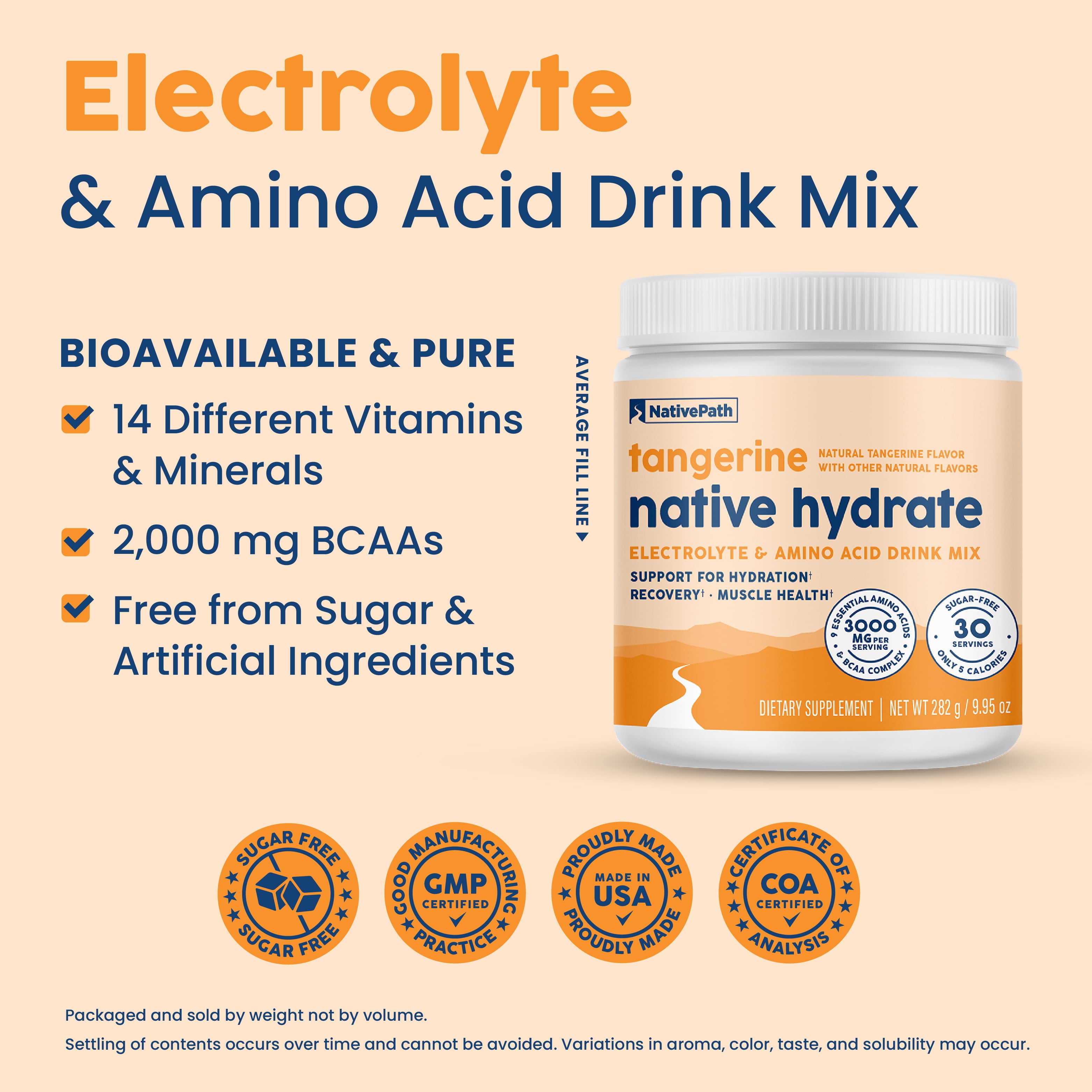 NativePath Hydrate Electrolyte Powder, Tangerine, Zero Sugar Drink Mix with BCAAs, 30 Servings