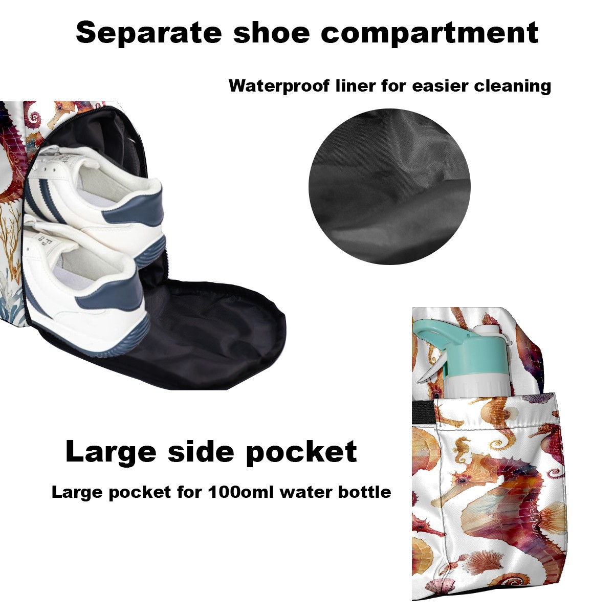 Large Gym Bag with Shoe Compartment, Water-Resistant Duffle Bag for Men and Women, Multicolor Seahorses Watercolor Sports Tote for Workout Travel