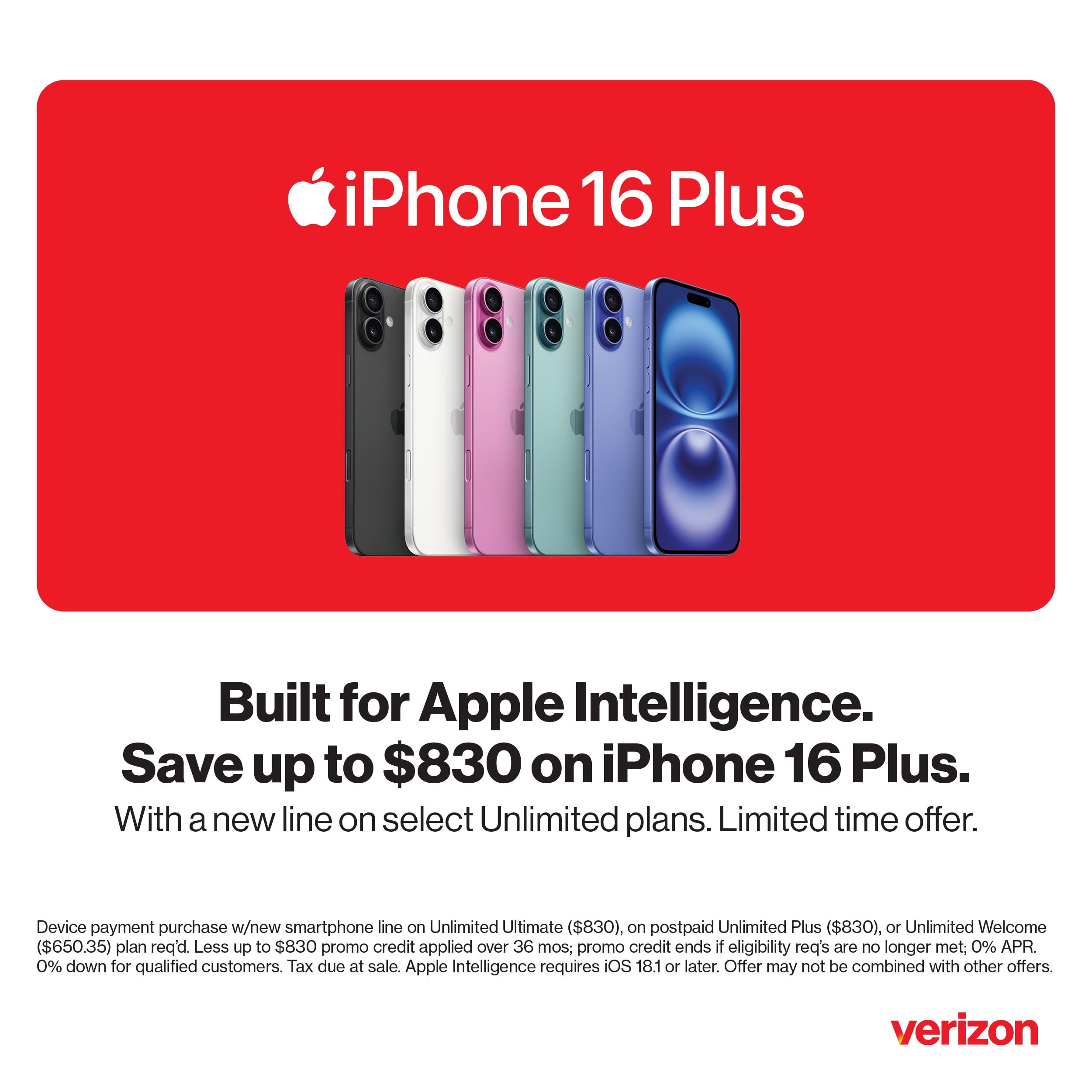 Verizon iPhone 16 Plus 128GB Black. Apple Intelligence.