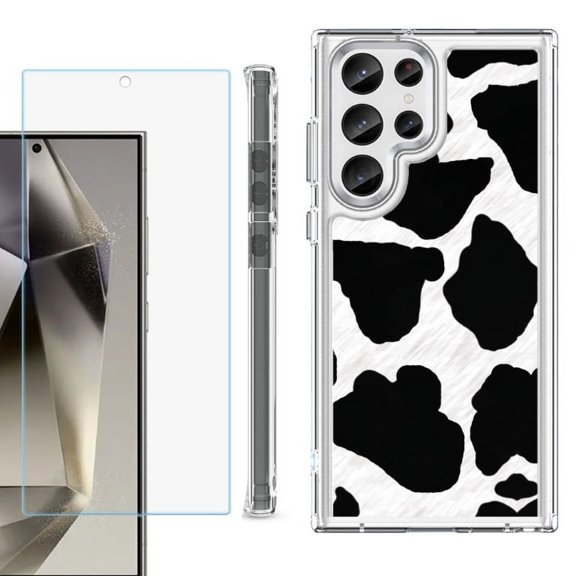 OneToughShield ® Case Compatible with Samsung Galaxy S24 Ultra, Shockproof Bumper Phone Case, with Tempered Glass Screen Protector - Cow Skin Design
