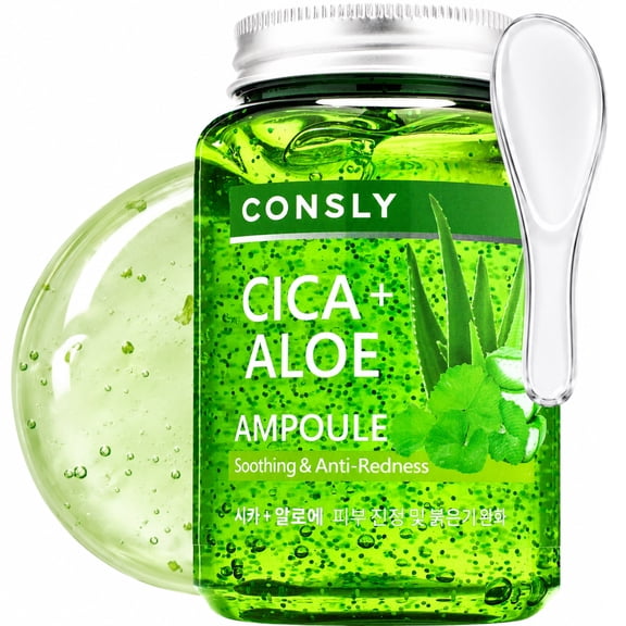 CONSLY Cica & Aloe All-in-One Ampoule, K-Beauty 3-in-1 Soothing Gel Serum, 8.45 fl oz