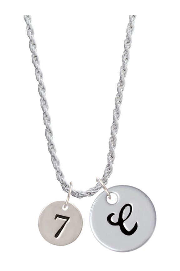 Silvertone Disc 1/2'' Number - 7 - Silvertone Script Initial Disc - C - Charm Necklace, 20"+3"