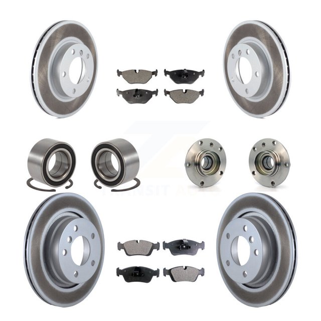 Transit Auto Front Rear Hub Bearing Assembly Coated Disc Brake Rotor and Semi-Metallic Pads Shoe Kit (10Pc) for Car BMW 328i 328is with 294mm Diameter Left Right Driver Passenger KBB-111816