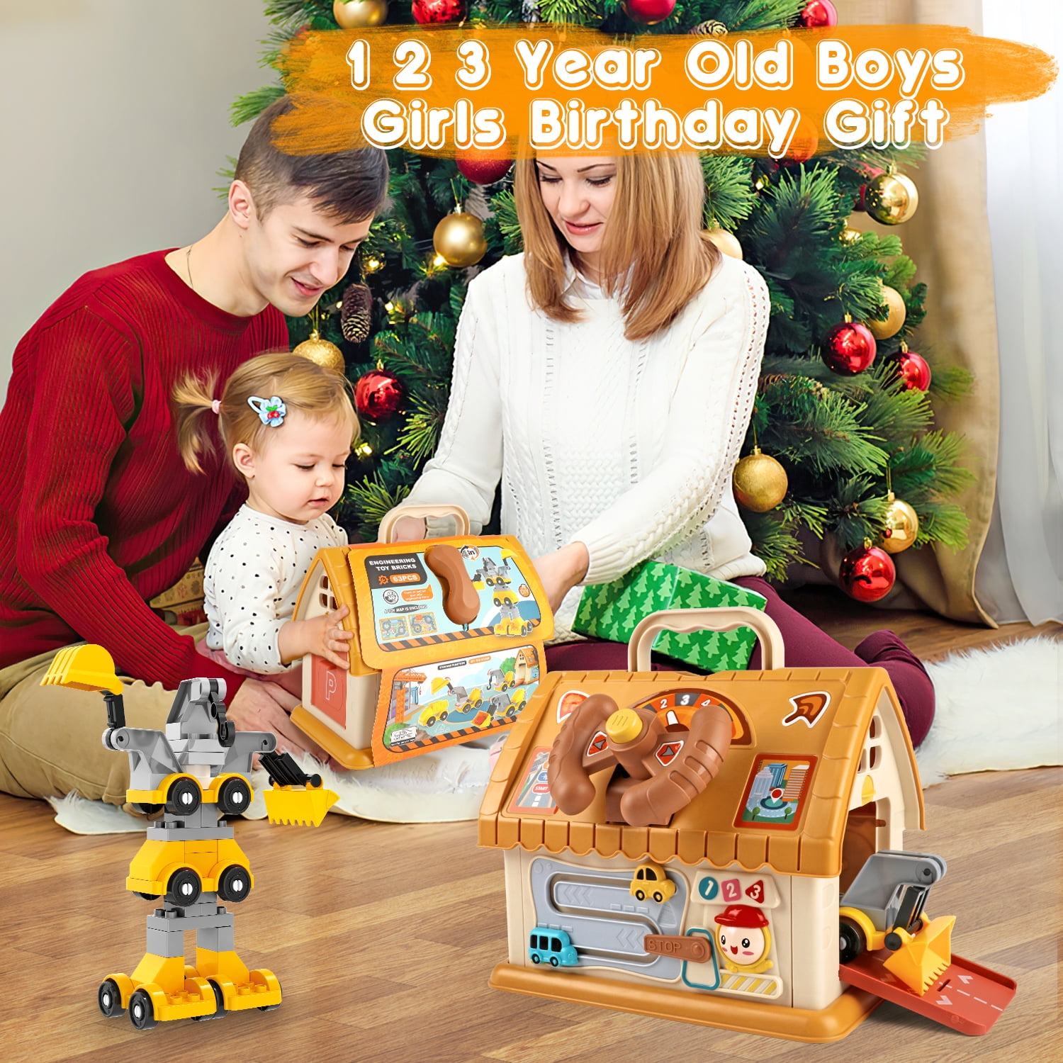 Huge Wave Toddler Montessori Toys for 1+ Year Old, 8-in-1 Multi-Functional Learning House, with 4 Building Cars and Map, Sound & Light Early Educational Kids Christmas Gifts