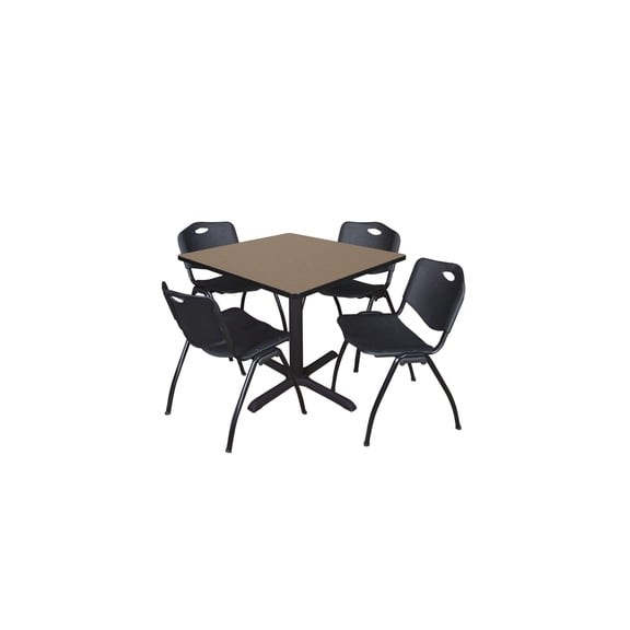Regency Cain 42 in. Square Breakroom Table- Noble Oak & 4 M Stack Chairs- Black