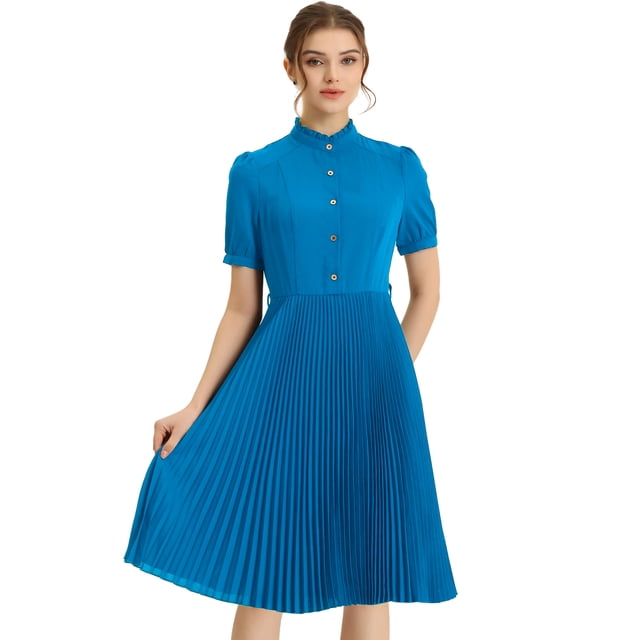 Vestido camisero de media solapa para mujer, manga corta, volantes, cuello simulado, plisado, midi, con cinturón Azul Brillante S