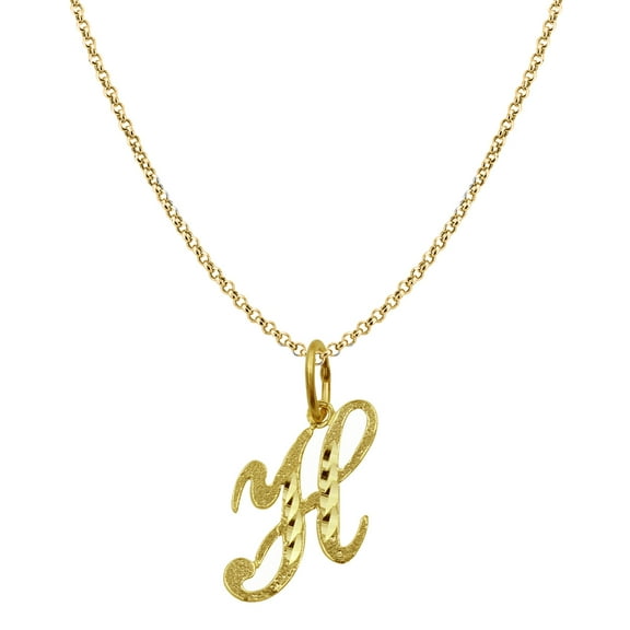 Genuine 14K Yellow Gold 0.78" Fancy Cursive Letter Initial H Necklace 16", 18", 20", 22" Trendy Charm Initial Necklaces for Women
