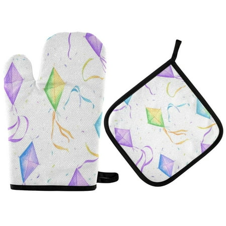 

Heat Resistant Oven Glove & Hot Pad Set Reusable and Washable Kitchen Combo for Baking BBQ Oven Microwave Colorful Kites Pattern