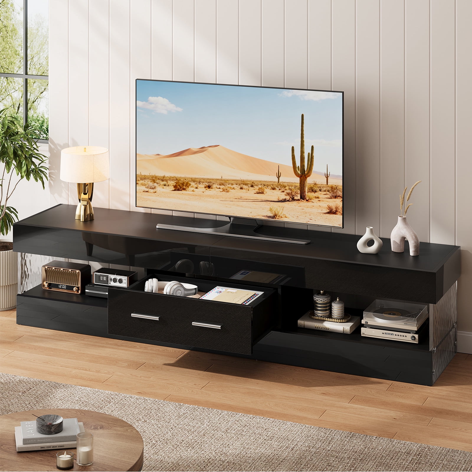 Bestier Black TV Stand for TVs up to 75", Modern Entertainment Center for TVs with LED Light, High Gloss TV Console Table with Storage Drawers
