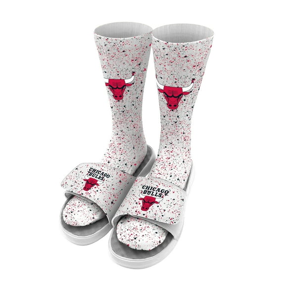 Men's ISlide White Chicago Bulls Team Logo Speckle Socks & Slide Sandals Bundle