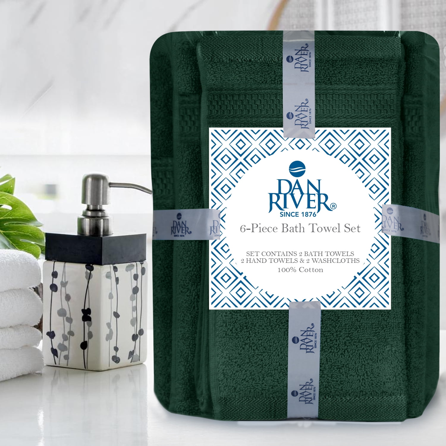 Dan River 6 Piece Towel Set Soft Quick Drying Cotton Bath Towel For Gym, Spa and Bathroom - Hunter Green