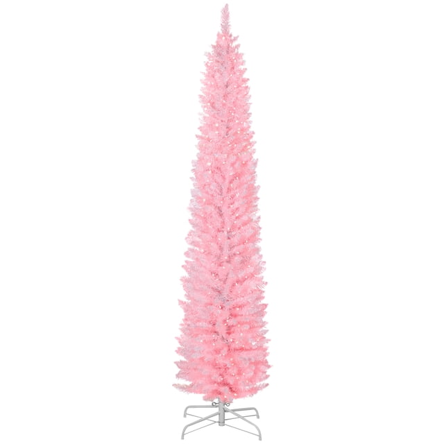 HOMCOM 7.5ft White Pencil Christmas Tree: 290 DIY Synchronized LEDs, 12 Colors, Hinged Branches, Remote & Timer, Slim 20.5" Wide Xmas Tree for Indoor Spaces