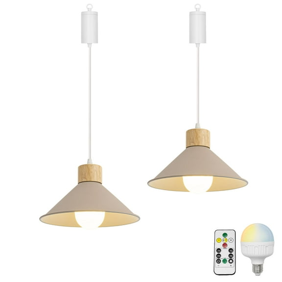 KAYYELAMP 2Pcs Rechargeable Battery Adjusted Height Hanging Light Remote LED Dimmer Timing Bulb Log Wood Base Khaki Shade Retro Design for Bedroom Kitchen Farmhouse