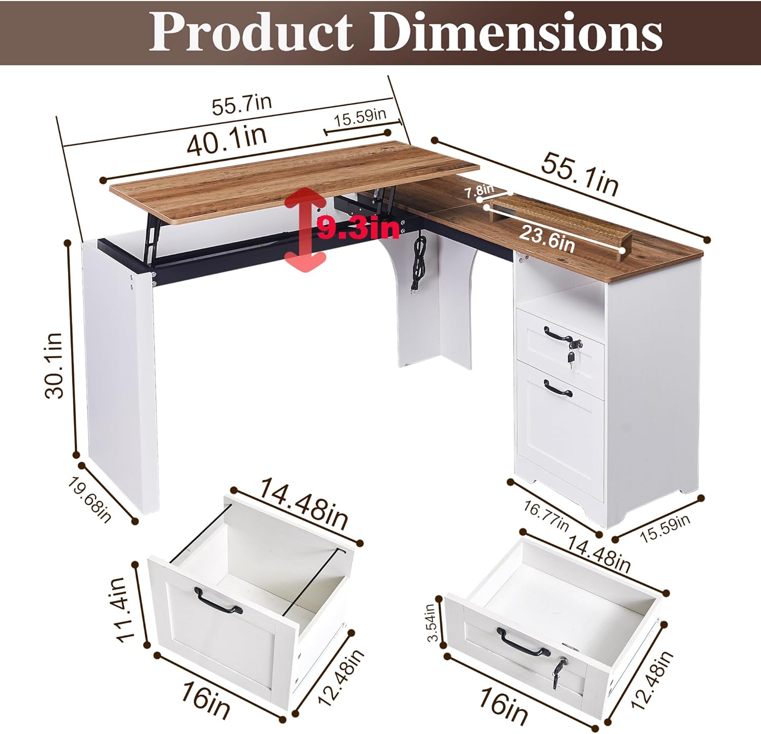 55" Farmhouse L-Shaped Desk with Lift Top,Movable Monitor Stand,L Shaped Standing Office Desk with Lockable Drawer & Adjustable File Drawer,Lift Top Computer Desk with Power Outlets