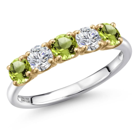Gem Stone King 925 Silver and 10K Yellow Gold Green Peridot and Lab Grown Diamond Wedding-Bands Ring for Women | 1.44 Cttw | Round 4MM | Gemstone August Birthstone | Size 9