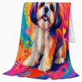 thumbnail image 2 of Cheerful Pop Art Shih Tzu Portrait, Playful Artistic Scene, Warm Flannel Blanket for Living Room and Bedroom, Animal Lovers Pet Adoption Gift, Artistic Home Decor, 2 of 9
