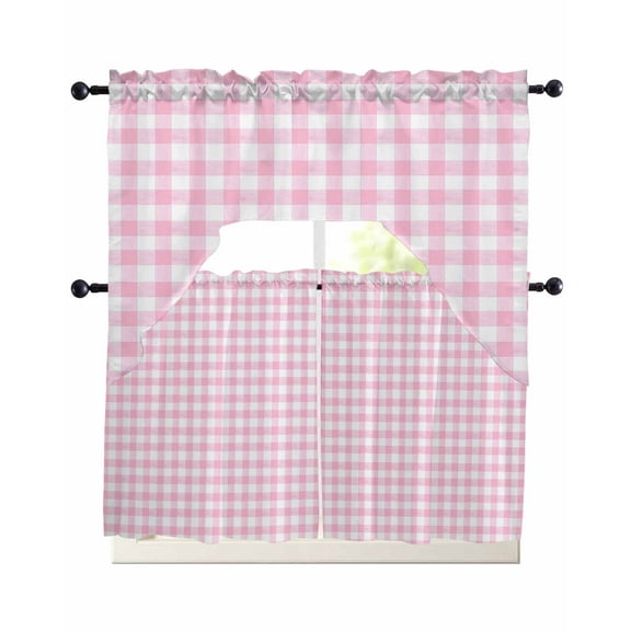 Pink Kitchen Curtains Sets 36 Inch Length with Valance, Country French Rustic Buffalo Plaid Modern Art Swag Valances and Tiers Curtain Set Drapes Swag Curtains for Living Room, Bathroom, Bedroom