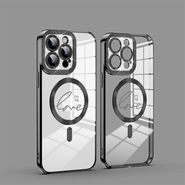 Plating Clear Case for iPhone 13, Compatible with MagSafe Case,Full Cover Bling Glitter Lens Protector ,Plating Cute Lover Heart Design Clear Case Cover, black