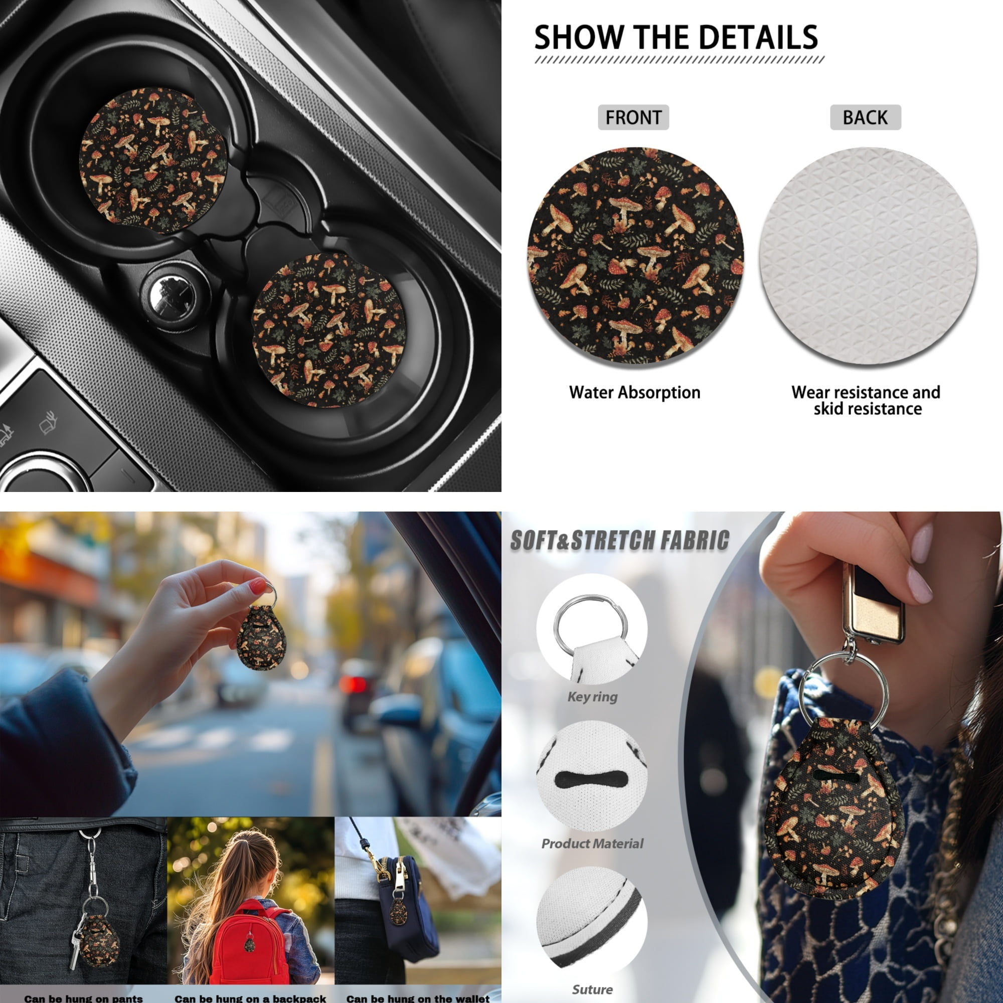 Jeiento Aesthetic Mushroom Car Seat Cover Set of 13 Steering Wheel Cover Seat Belt Pad Car Coaster Armrest Cover Lip Gloss Bag Keychain for Truck Sedan Auto Accessories