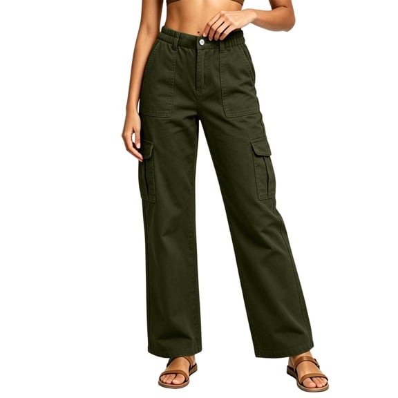 cocolona Womens Solid Color Casual Cargo Pants Elastic Waist Straight Wide Leg Outdoor Work Denim Pants with Pockets