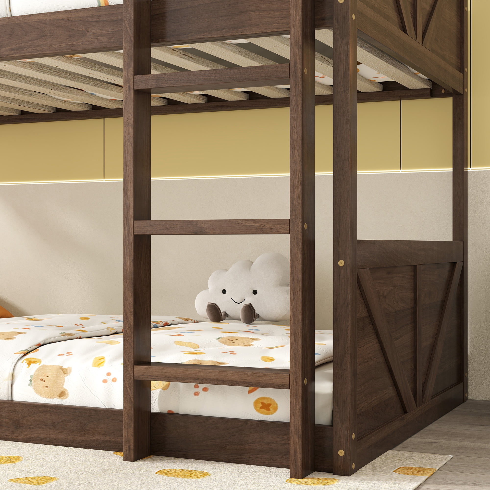Alvantor Twin Over Twin Bunk Bed, Wooden Low Bunk Bed with Full-Length Guardrails and Ladder, Space-Saving Bed Frame for Kids, Antique Oak