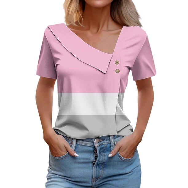 Camisetas de Manga Corta para las Mujeres a Cuadros Impreso Botón Casual Camiseta, Camisetas de Mujer Casual para Primavera Verano