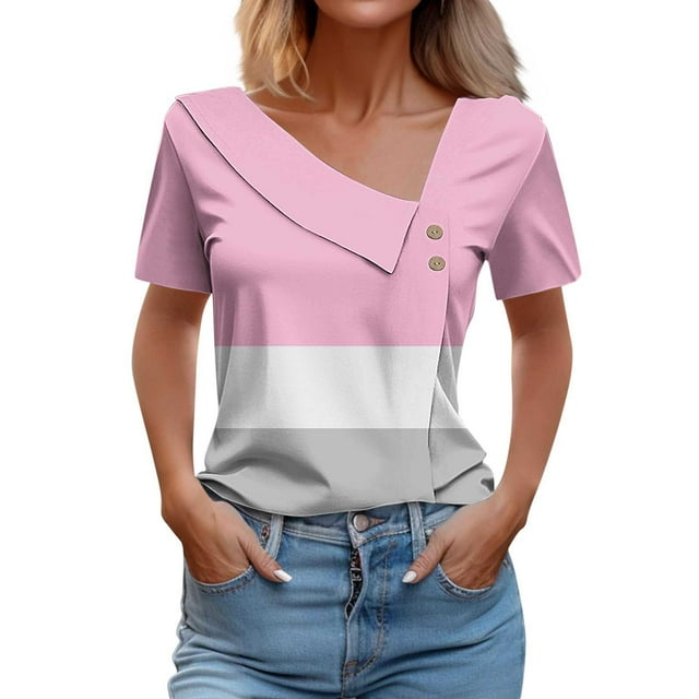 Womens Short Sleeved Shirt With Checkered Printed Button Casual T-shirt Top