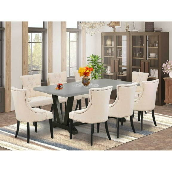 East West Furniture V697FR102-9 9-Pc Kitchen Dining Set - 8 Kitchen Parson Chairs and 1 Modern Rectangular Cement Dining Table Top with Button Tufted Chair Back - Wire Brushed Black Finish