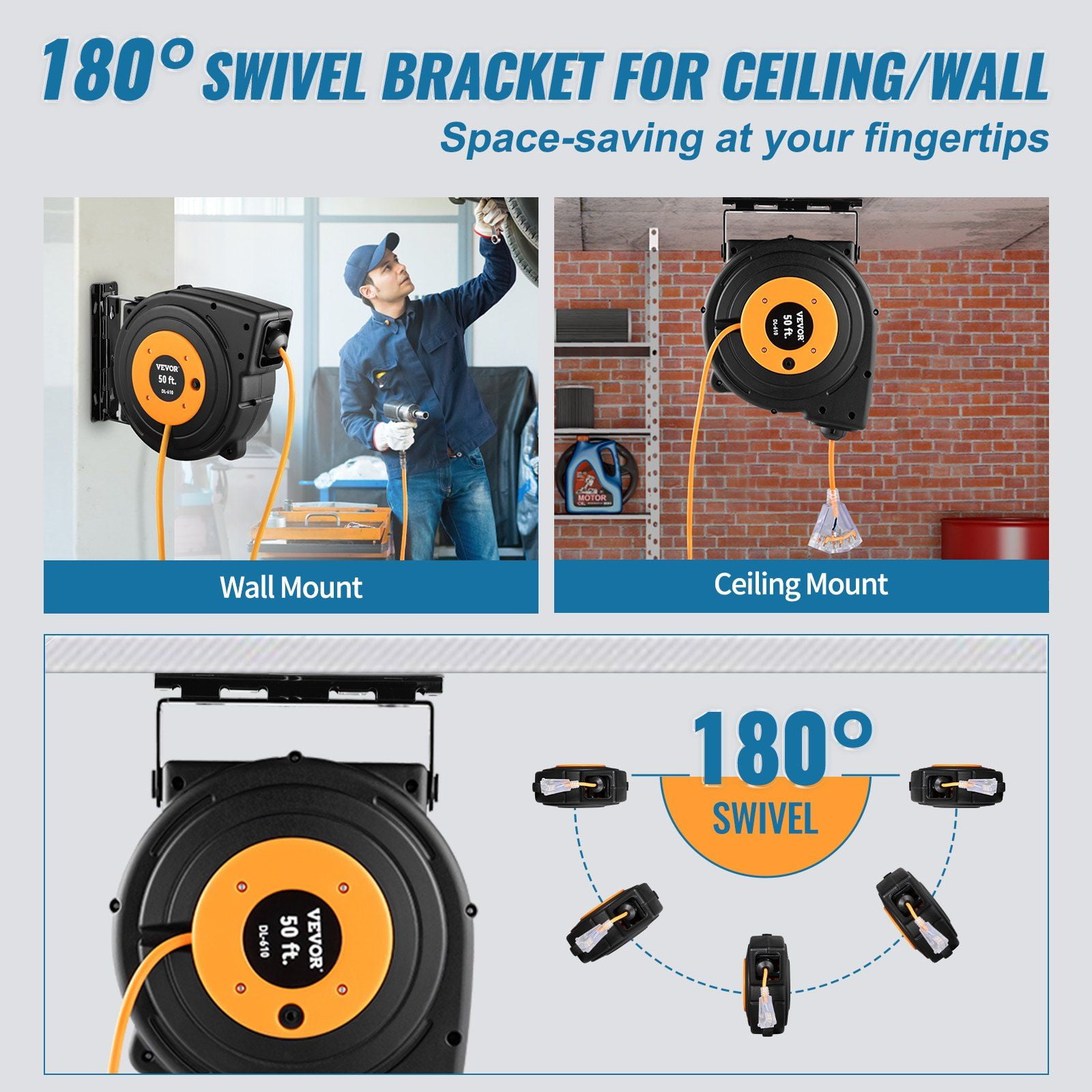 Retractable Extension Cord Reel 50FT 14AWG/3C SJTOW Cable with Lighted Triple Tap, 13A Circuit Breaker, Auto Retract, 180° Swivel Wall/Ceiling Mount, UL Certified, Indoor/Outdoor Power Supply Use