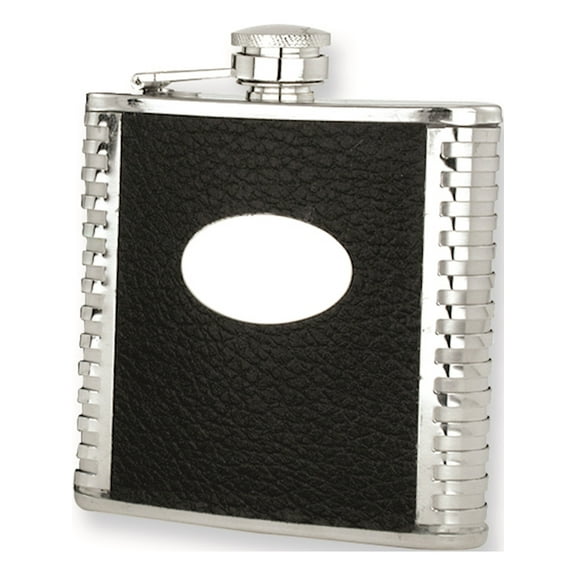 Black Faux Leather Polished Stainless Steel 6Oz Hip Flask Designer Jewelry by Sweet Pea