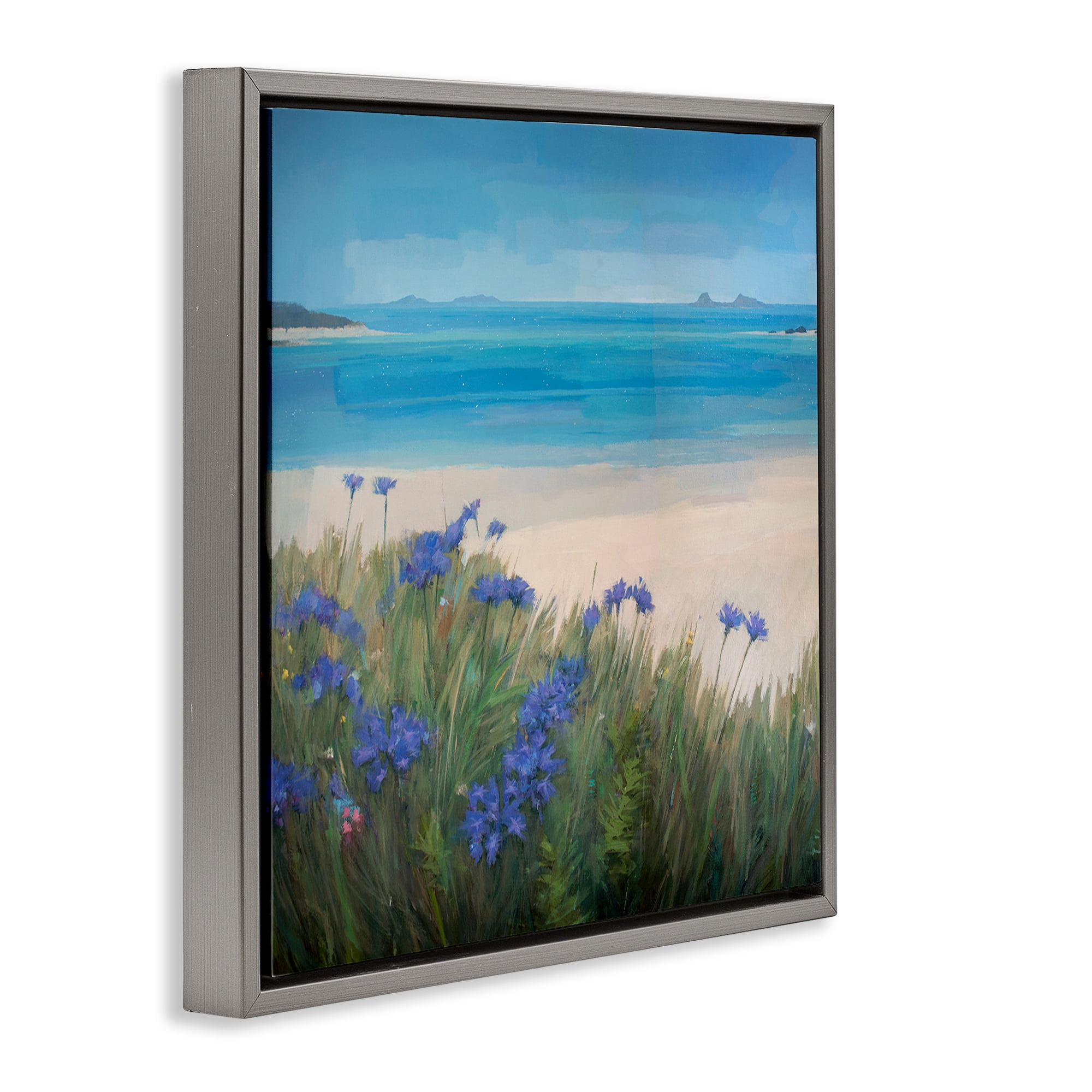 Stupell Industries Seaside Bluebell Flowers Landscape & Nature Painting Gray Floater Framed Canvas Art Print Wall Art, 25 x 25