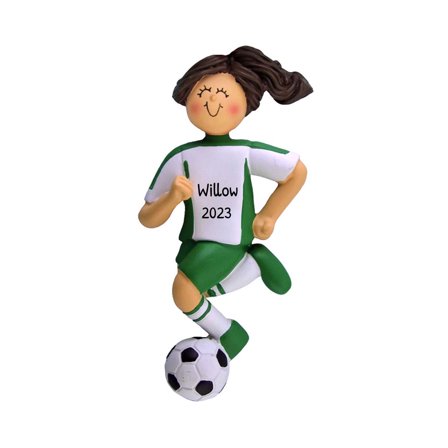 Personalized Soccer Player Ornament Female Brunette in Green 1 Count - Ornaments by Elves