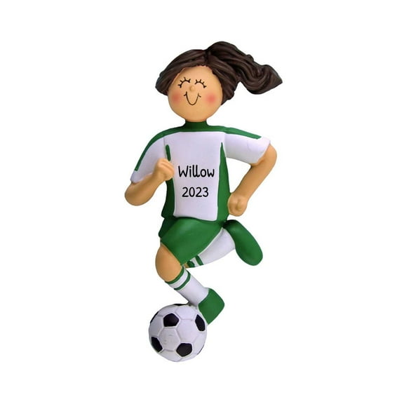 Personalized Soccer Player Ornament Female Brunette in Green 1 Count - Ornaments by Elves