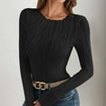 thumbnail image 3 of YueHuiYing Women Long Sleeve Round-Neck Blouses Shirts Casual Textured Slim - Fitting Fashion Stretch Knit Top, 3 of 4