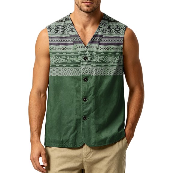 GrmtClth Mens Sleeveless Vest Button Down Waistcoat, Ethnic Tribal Geometric Print V Neck Casual Tank Top Lightweight Outdoor Camping Sleeveless Shirt Dark Green L