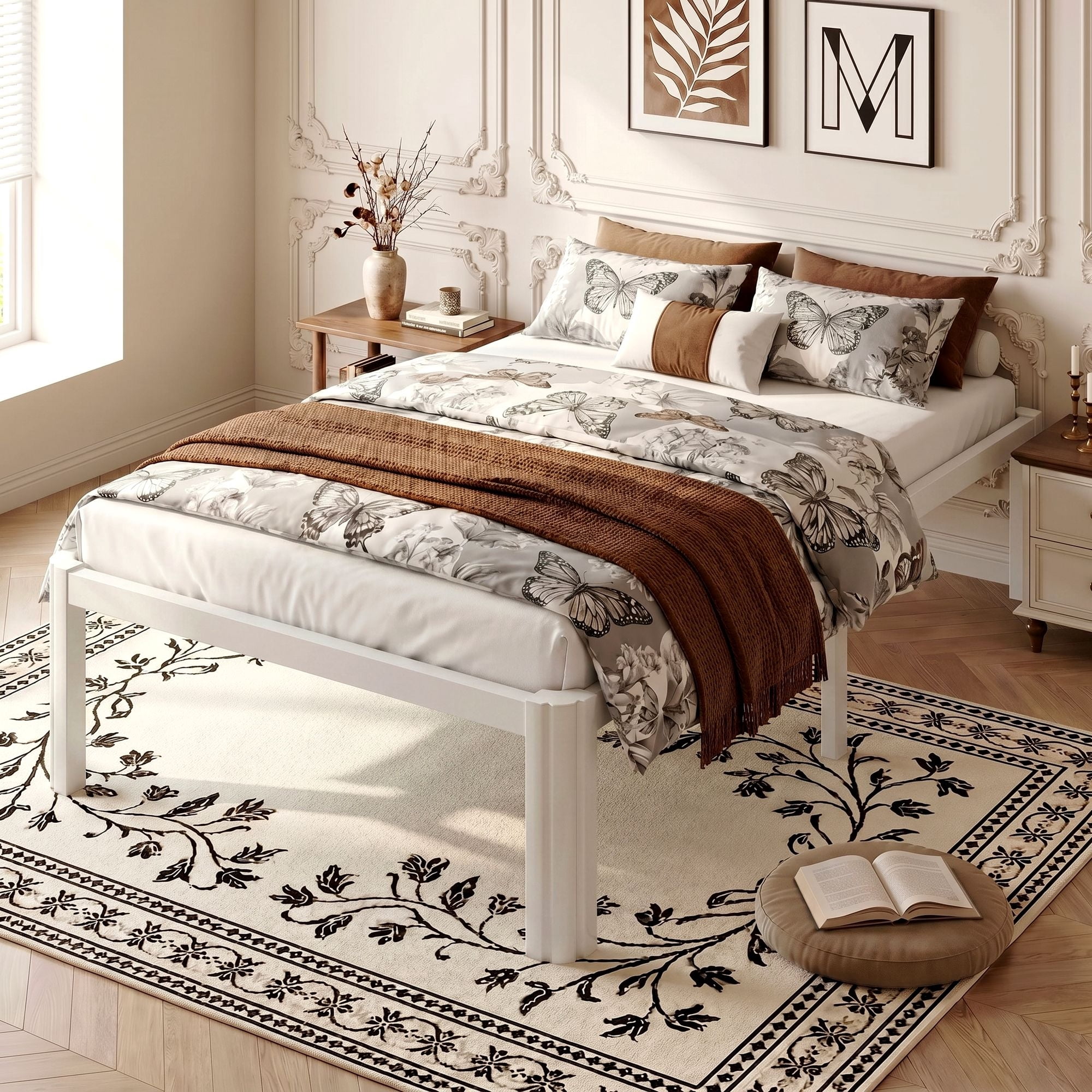Einfach Twin Bed Frame, Platform Metal Bed with Ample Under-Bed Storage Space, Upgraded Curved Bed Feet, 3500 LBS Capacity, White