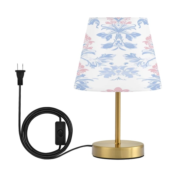 Modern Minimalist Cone Desk Lamp Antique Bronze Base & Linen Shade Bedside Table Lamp for Bedroom Living Room, Office, Dorm Blue Floral Ornaments Medium
