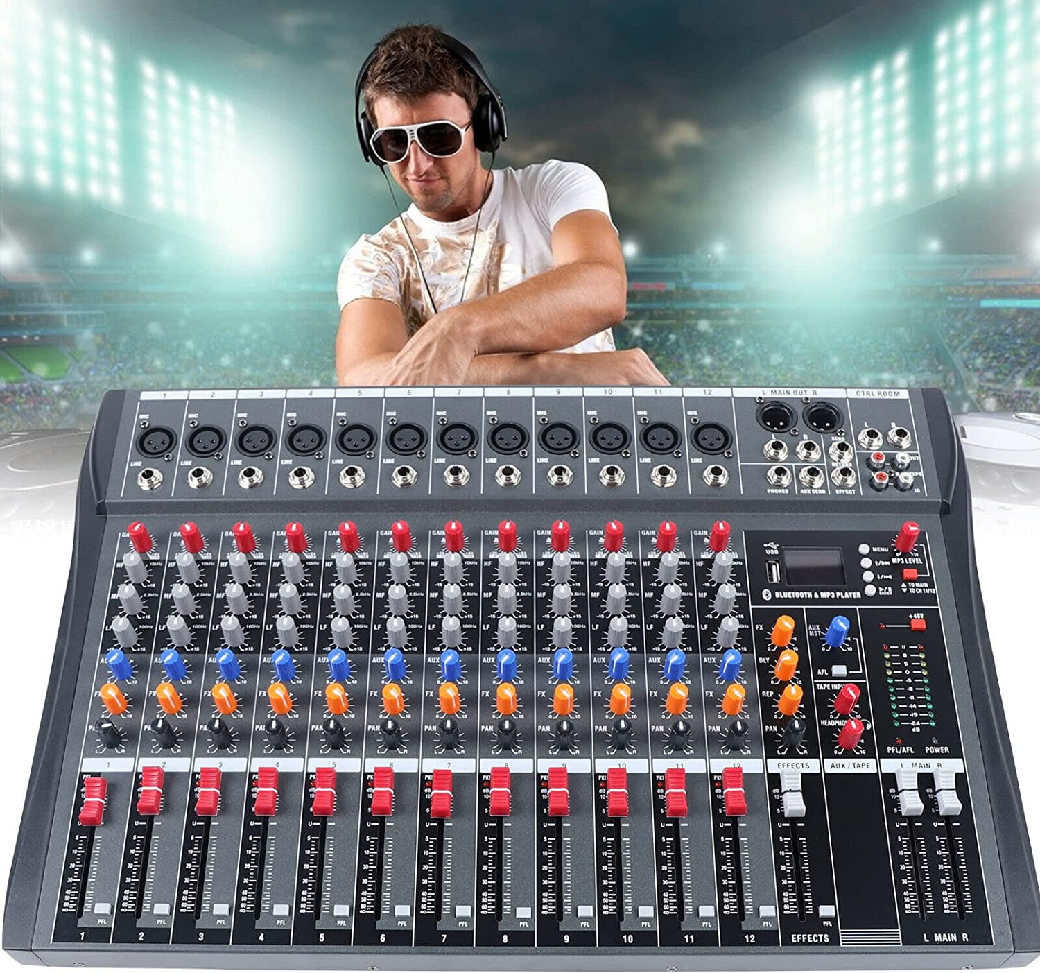 FETCOI 12 Channel Mixing Console Mixer Studio Live Stereo Sound Effect Bluetooth USB
